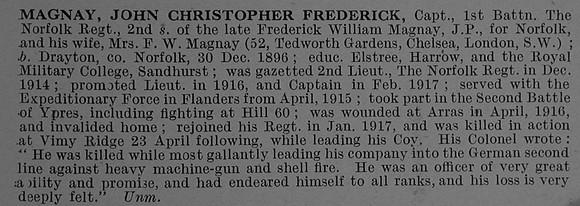 Magnay J C F Captain 1st Norfolk Regiment Obit De Ruvignys Roll Of Honour Vol 4