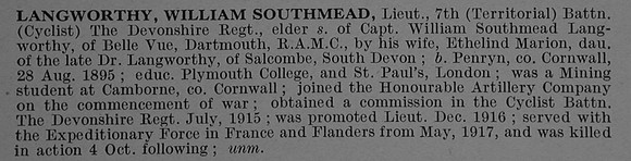 Langworthy W S Lt 7th Devonshire Regiment Obit De Ruvignys Roll Of Honour Vol 4