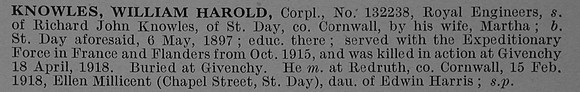 Knowles W H Cpl 132238 Royal Engineers Obit De Ruvignys Roll Of Honour Vol 4