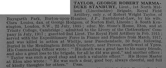 Taylor G R M S Lt Royal Field Artillery Obit De Ruvignys Roll Of Honour Vol 4