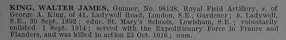 King W J Gnr 98138 Royal Field Artillery Short Obit De Ruvignys Roll Of Honour Vol 4