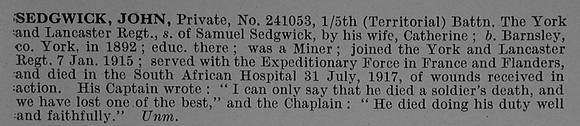 Sedgwick J Pte 241053 5th York & Lancaster Regiment Obit De Ruvignys Roll Of Honour Vol 4