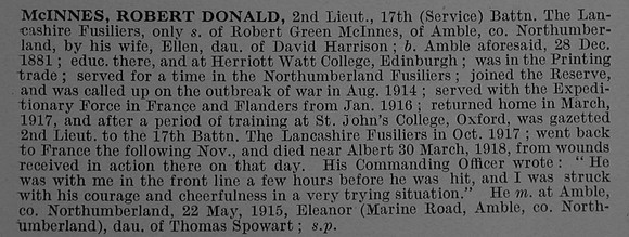 McInnes R D 2nd Lt 17th Lancashire Fusiliers Obit De Ruvignys Roll Of Honour Vol 4