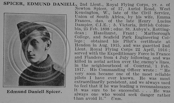 Spicer E D 2nd Lt Royal Flying Corps Obit De Ruvignys Roll Of Honour Vol 4