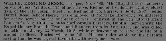 White E J Tpr 6580 5th Lancers Obit De Ruvignys Roll Of Honour Vol 4