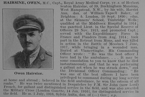 Hairsine O Captain MC Royal Army Medical Corps Obit De Ruvignys Roll Of Honour Vol 3