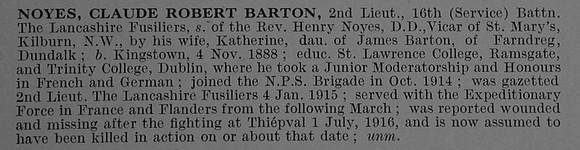 Noyes C R B 2nd Lt 16th Lancashire Fusiliers Obit De Ruvignys Roll Of Honour Vol 4