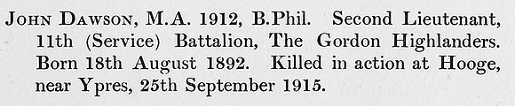 Dawson J 2nd Lt 11th Gordon Highlanders Obit