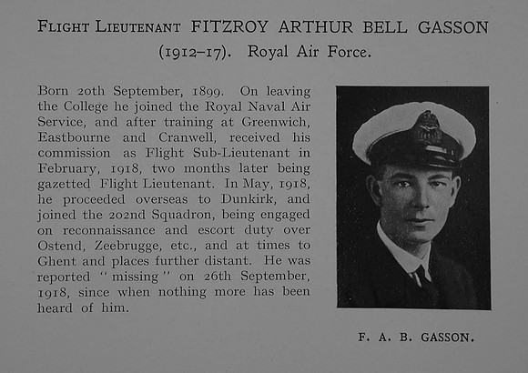 Gasson F A B Flt Lt Royal Naval Air Service Trans To Royal Air Force Obit Dulwich College Roll Of Honour