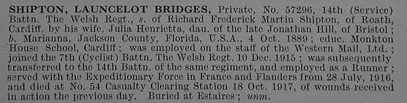 Shipton L B Pte 57296 14th Welsh Regiment Obit De Ruvignys Roll Of Honour Vol 4