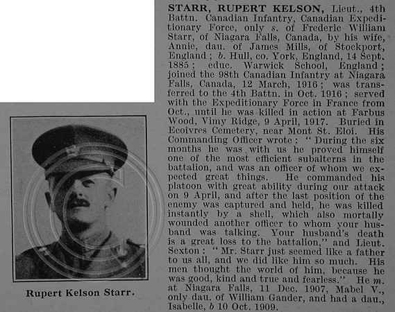 Starr R K Lt 4th Canadian Infantry (Central Ontario Regiment) Obit De Ruvignys Roll Of Honour Vol 4