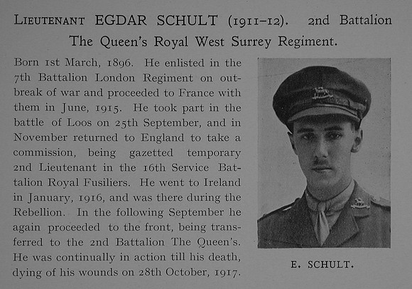 Schult E Lt 2nd Queens Royal West Surrey Regiment Obit Dulwich College Roll Of Honour