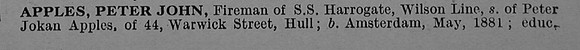 Apples P J Fireman SS Harrogate Mercantil Marine Obit Part 1 De Ruvignys Roll Of Honour Vol 4