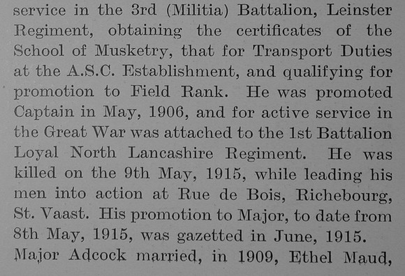 Adcock St J Major 3rd Leinster Regiment Obit Part 2 The Bond Of Sacrifice Vol 2