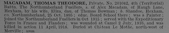 MacAdam T T Pte 201042 4th Northumberland Fusiliers Obit De Ruvignys Roll Of Honour Vol 4