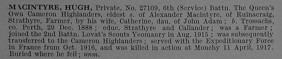 MacIntyre H Pte 27109 6th Cameron Highlanders Obit De Ruvignys Roll Of Honour Vol 4