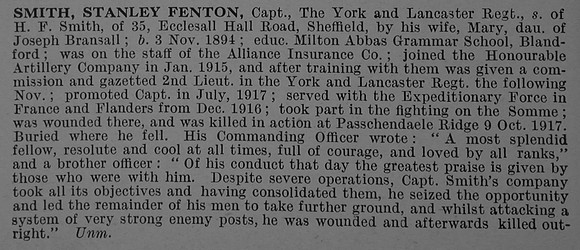 Smith S F Captain 5th York and Lancaster Regiment Obit De Ruvignys Roll Of Honour Vol 4