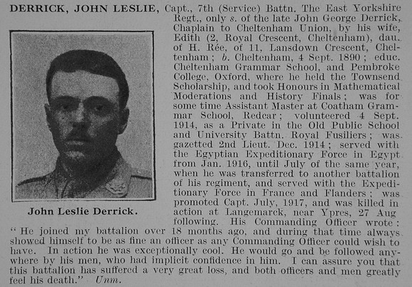 Derrick J L Captain 7th East Yorkshire Regiment Obit De Ruvignys Roll Of Honour Vol 3