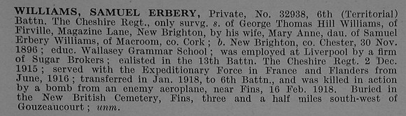 Williams S E Pte 32938 6th Cheshire Regiment