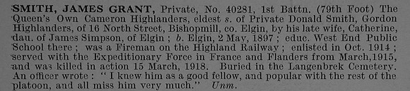 Smith J G Pte 40181 1st Cameron Highlanders Obit De Ruvignys Roll Of Honour Vol 4