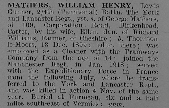 Mathers W H Lewis Gnr 4th York & Lancaster Regiment Obit De Ruvignys Roll Of Honour Vol 5