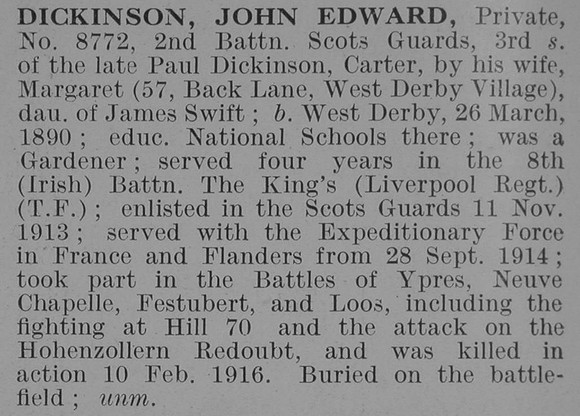 Dickinson J E Pte 2nd Scots Guards Obit De Ruvignys Roll Of Honour Vol 3