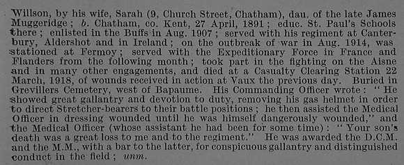 Willson S F LCpl 8827 DCM MM 1st East Kent Regiment Obit Part 2 De Ruvignys RollOf Honour Vol 4