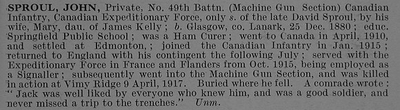 Sproul J Pte 432410 49th Canadian Infantry (Alberta Regiment) Obit De Ruvignys Roll Of Honour Vol 4