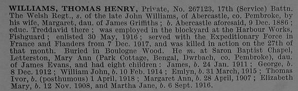 Williams T H Pte 267123 17th Welsh Regiment Obit De Ruvignys Roll Of Honour Vol 4
