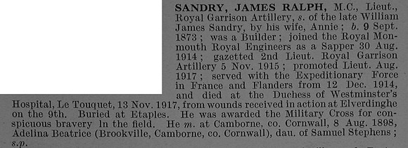 Sandry J R Lt MC Royal Garrison Artillery Obit De Ruvignys Roll Of Honour Vol 4