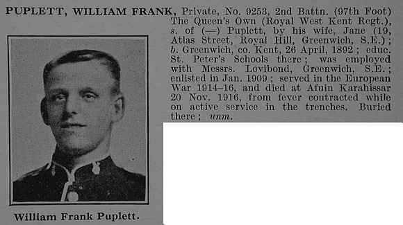 Puplett W F Pte 9253 2nd Queens Own Royal West Kent Regiment Obit De Ruvignys Roll Of Honour Vol 4