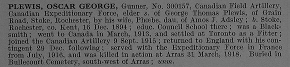 Plewis O G Gnr 300157 Canadian Field Artillery Obit De Ruvignys Roll Of Honour Vol 4