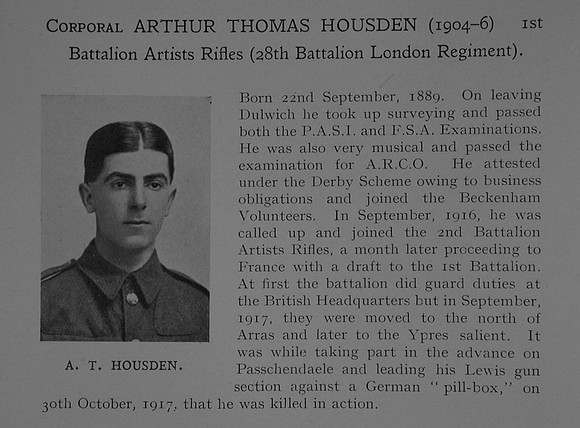 Housden A T Cpl 762548 28th London Regiment Obit Dulwich College Roll Of Honour