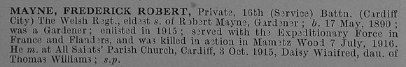 Mayne F R Pte 23856 16th Welsh Regiment Short Obit De Ruvignys Roll Of Honour Vol 4