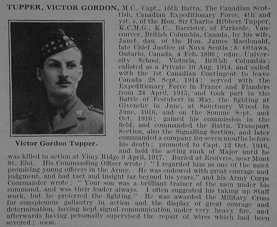 Tupper V G Captain MC 16th Canadian Infantry (Manitoba Regiment) Obit De Ruvignys Roll Of Honour Vol 3