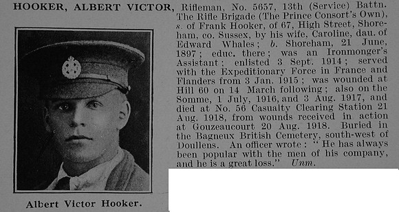 Hooker A V Rfn 5657 13th Rifle Brigade Obit De Ruvignys Roll Of Honour Vol 5