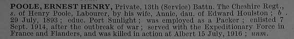 Poole E H Pte W-445 13th Cheshire Regiment Short Obit De Ruvignys Roll Of Honour Vol 4
