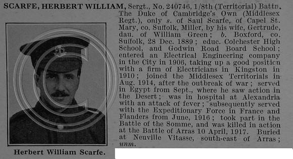 Scarfe H W Sergt 240746 8th Middlesex Regiment Obit De Ruvignys Roll Of Honour Vol 4