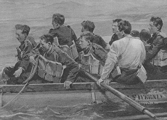 Soldiers Aboard One Of SS Ivernias Rafts Wating For An Approaching Patrol Boat