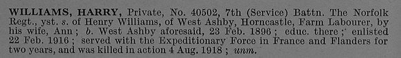 Williams H Pte 40502 7th Norfolk Regiment Short Obit De Ruvignys Roll Of Honour Vol 4