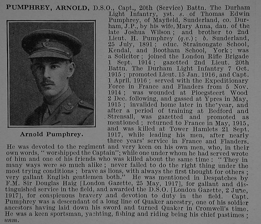 Pumphrey A Captain DSO 20th Durham Light Infantry Obit De Ruvignys Roll Of Honour Vol 4