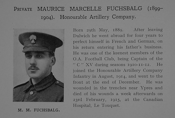 Fuchsbalg M M Pte 1450 1st Honourable Artillery Company Obit Dulwich College Roll Of Honour