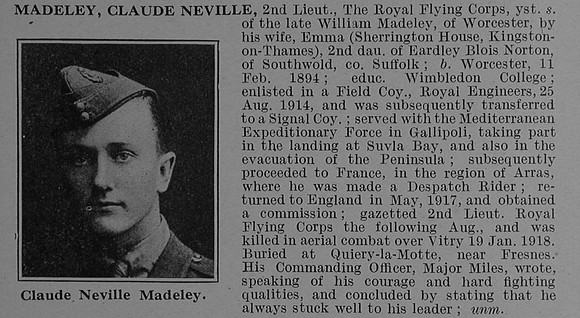 Madeley C N 2nd Lt Royal Flying Corps Obit De Ruvignys Roll Of Honour Vol 4