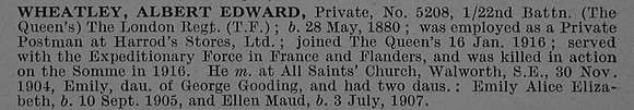 Wheatley A E Pte 5208 22nd London Regiment Short Obit De Ruvignys Roll Of Honour Vol 4
