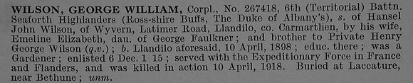 Wilson G W Cpl 267418 6th Seaforth Highlanders Short Obit De Ruvignys Roll Of Honour Vol 4