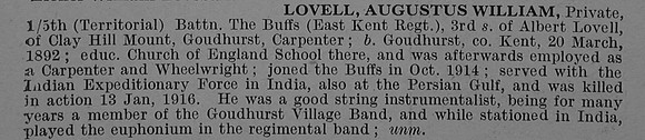 Lovell A W Pte 1391 5th The Buffs (East Kent Regiment) Obit De Ruvignys Roll Of Honour Vol 4