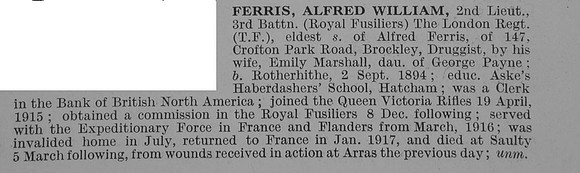 Ferris A W 2nd Lt 3rd London Regiment Obit De Ruvignys Roll Of Honour Vol 3