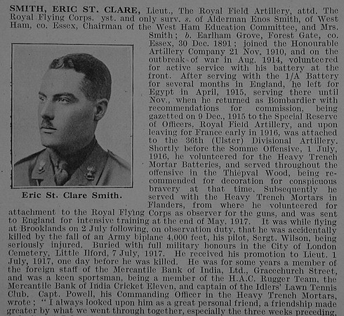 Smith E St C Lt Royal Field Artillery Attd Royal Flying Corps Obit Part 1 De Ruvignys Roll Of Honour Vol 3
