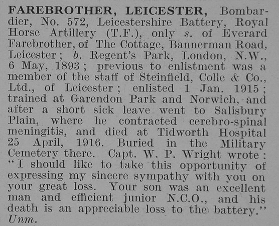 Farebrother L Bmdr Royal Horse Artillery Obit De Ruvignys Roll Of Honour Vol 3