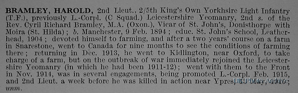 Bramley H 2nd Lt 5th Kings Own Yorkshire Light Infantry Obituary De Ruvignys Roll Of Honour Vol 1